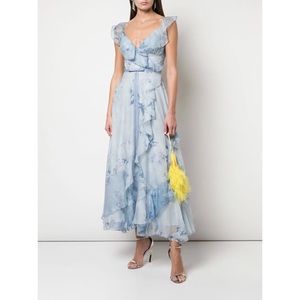 Marchesa Notte Ruffle Midi Chiffon Gown Light Blue